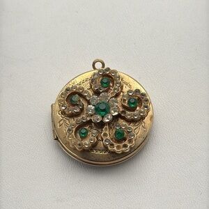 Vintage gold toned locket pendant green and clear rhinestones swirl no chain
